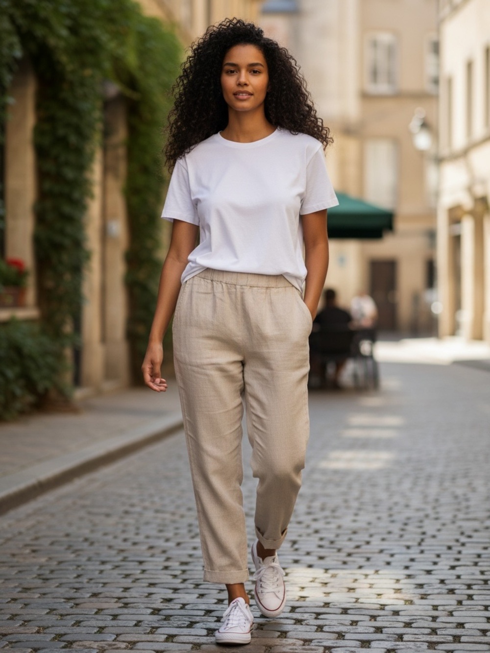 Linen Sea Flax/Beige 100% Linen Tapered Leg Trousers Elastic Waist Size Medium